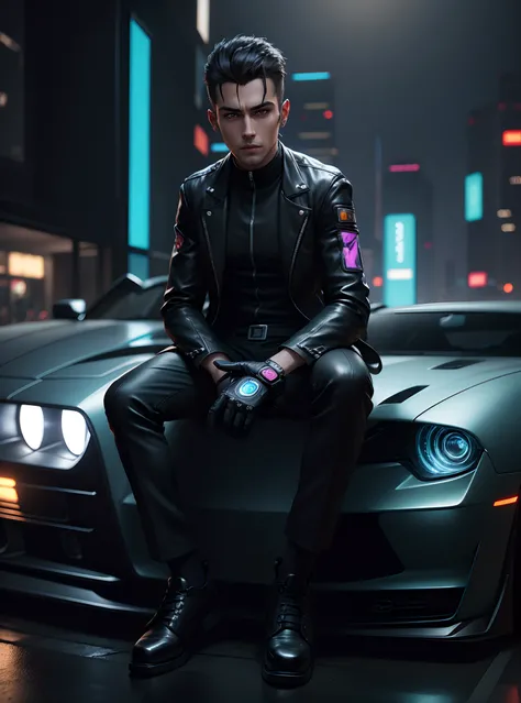 Change background with rare car, cyberpunk handsome boy realistic face,8k ultra realistic, with a cat