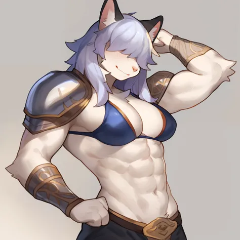 by glitter trap boy, by buta99, by bebebebebe, by chelodoy, solo, female, standing, hair, lips, (feline, snout, athletic, muscular, abs, hair over eyes, closed eyes), smirking, flexing, underboob, knight, silver armor, cleavage