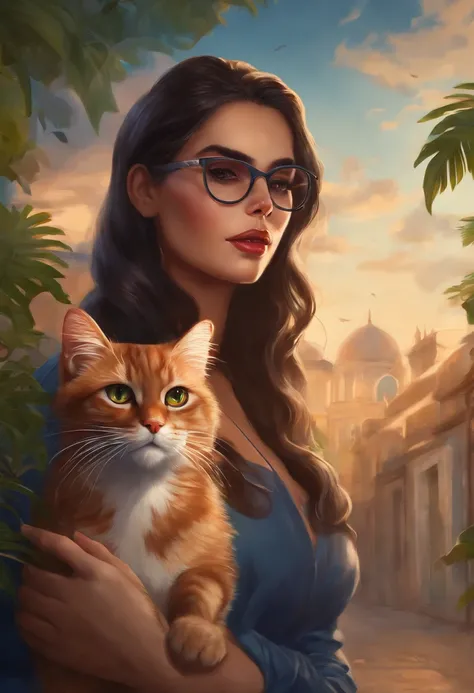 adulta morena com oculos fazendeira com um gato siames ao seu lado, anime