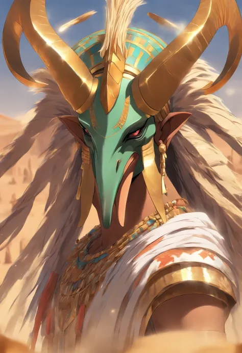 (((Long nose helmet))) best quality, ultra-high resolution, 4K detailed CG, master piece,SETH,god of chaos, Egyptian mythology,expression of evil,Egyptian clothing, desert,((long nose, long ears ) ) ,aesthetics, Beautiful image, centered on the screen, oas...