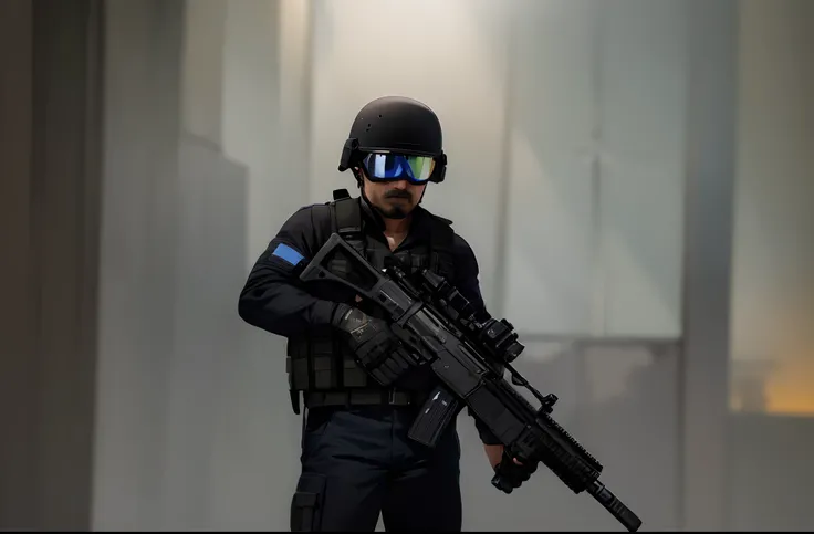 arafed man in a black uniform holding a rifle and wearing goggles, wearing tactical gear, airsoft cqb, portrait of a navy seal soldier, french special ops, man is carrying a rifle, holding pdw, portrait of a us navy seal, holding a mp7, dressed in tactical...