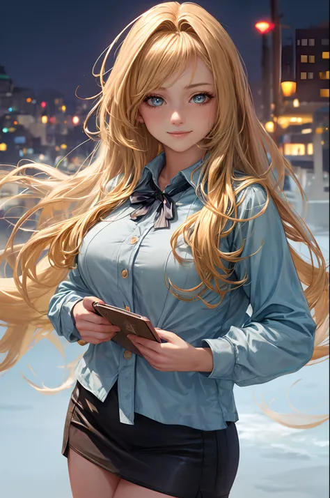 ((A beautiful and cute woman is changing her clothes)), ((A 22-year-old beauty)), ((A shy smile)), ((Long shiny hair)), ((A plump bust)), ((Miniskirt)), ((Blouse)), ((Gradient eyes)), ((The background is a night view of the city)), Attractive makeup, Singl...