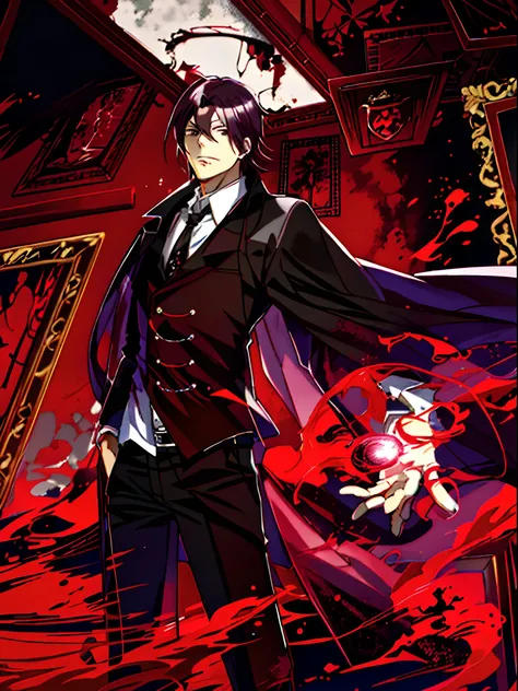 personagem de anime em um terno preto com uma gravata vermelha e uma gravata vermelha, dapper dream demon, Akane Owari Danganronpa, shigenori soejima illustration, sebastian michaelis, hijikata toushirou, visual chave anime de elegante, Helltaker, Gapmoe Y...