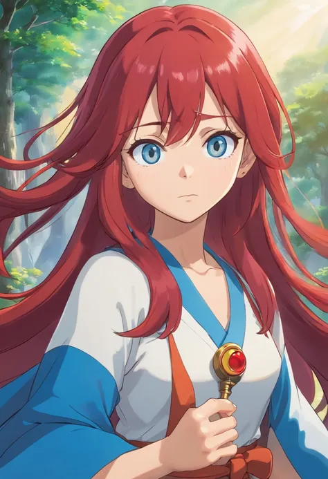 (Masterpiece, premier quality, Best quality), 4K, perfect  lighting, symmetrical face, seulement, Scarlet erza, Devastating Gaze, cheveux roux, poitrine, Jupe bleue,chemise blanche sans manches, Tir de cowboy