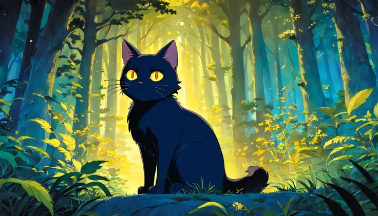 black cat, yellow eyes, like a god, in the forest, night , blue moon