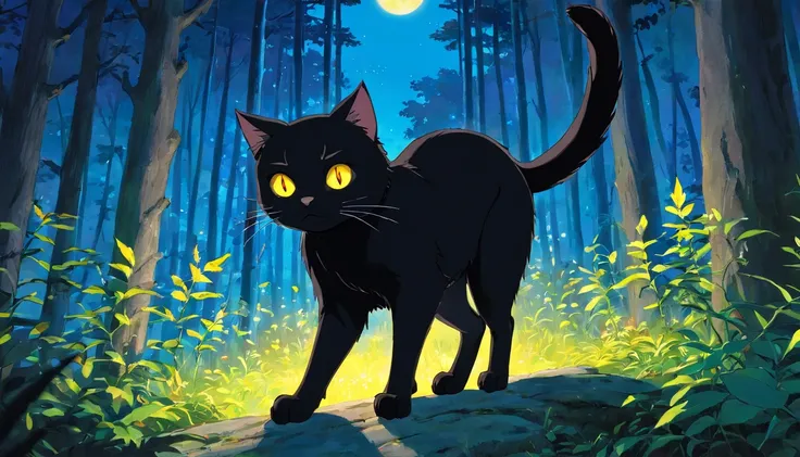 black cat, yellow eyes, like a god, in the forest, night , blue moon