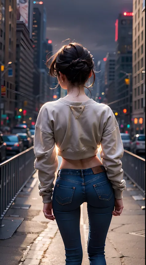 ((facing back)), ((Super close-up of buttocks)), ((Skinny Long Jeans)), ((Sweatshirt)), A city scape, (NSFW), 1womanl, Solo, 24 year old, 7headed body, (cute  face), (Ideal ratio body proportions), (Composition from head to thigh), Smiling smile, erectile ...