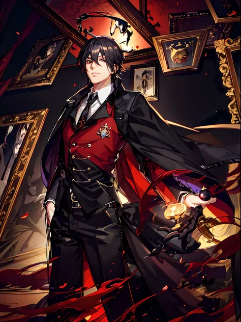 personagem de anime em um terno preto com uma gravata vermelha e uma gravata vermelha, dapper dream demon, Akane Owari Danganronpa, shigenori soejima illustration, sebastian michaelis, hijikata toushirou, visual chave anime de elegante, Helltaker, Gapmoe Y...