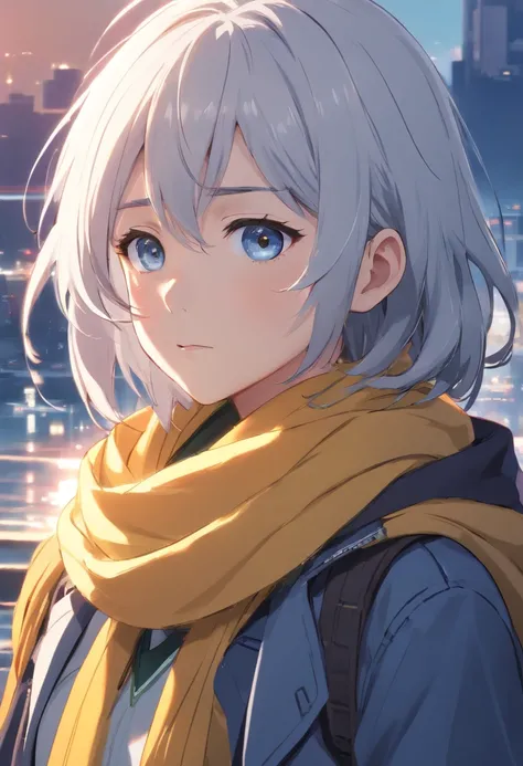 (black and white or monochrome:1.1),(high contrast),(portrait),(realistic),(teenager or adolescent),(depressive personality),(grayish or ash-gray white hair),(detailed eyes:1.1),(blue eyes),(sad expression),(yellow scarf),(desaturated or muted colors),(sof...