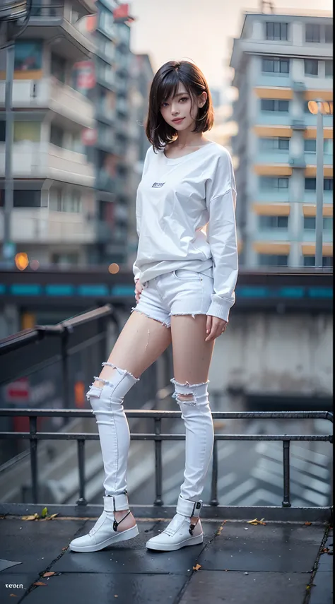 ((White skinny long jeans)), ((Sweatshirt)), A city scape, (NSFW), 1womanl, Solo, 24 year old, 7headed body, (cute  face), (Ideal ratio body proportions), (Composition from head to thigh), Smiling smile, erectile nipple, Sexy body, Wet, short-hair, Dark ha...