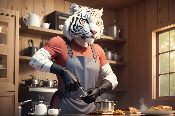 an anime character,  a white tiger with a red apron and black boots, cooking an American breakfast in a woden cabin, Pixar style, 3d --auto --s2