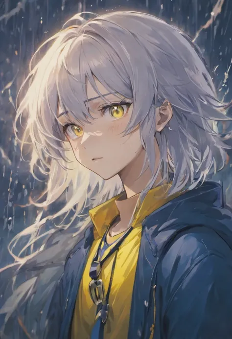 A male character,16 to 19 years old, with silver-white hair. He is wearing a yellow scarf and has blue eyes. He has a depressed expression. (best quality,4k,8k,highres,masterpiece:1.2),ultra-detailed,(realistic,photorealistic,photo-realistic:1.37), portrai...