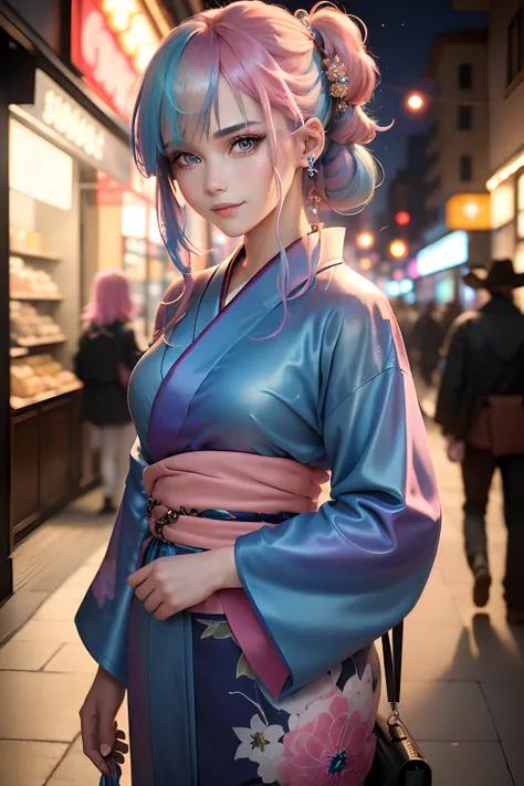 (masterpiece), (((highest quality)), (super detailed), 1 woman, (iridescent hair, colorful hair, half blue and half pink hair: 1.2), 23 years old, (yukata: 1.2), outdoor, bangs, smile, sky blue eyes, perfect hands, perfect hands, hand details, corrected fi...