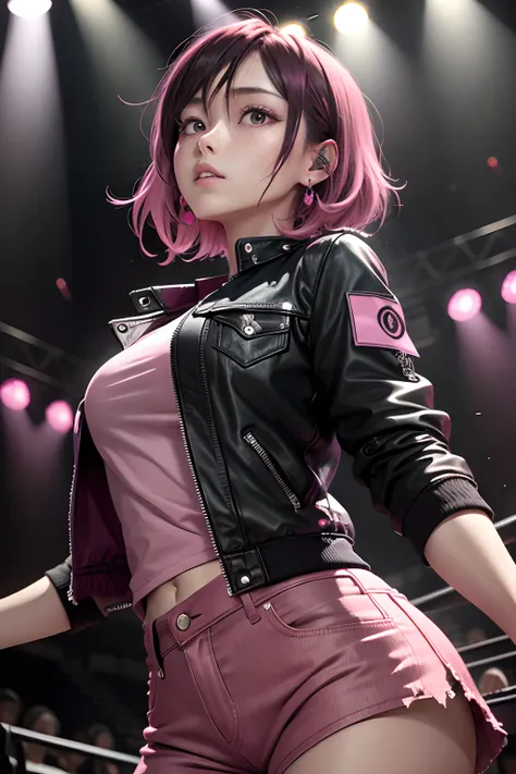 masterpiece, best quality, 1woman, 30s, upperbody, jirou, detailed eyes, pink shirt, black jacket, torn clothes, concert, (stage), camera view from lower front looking up