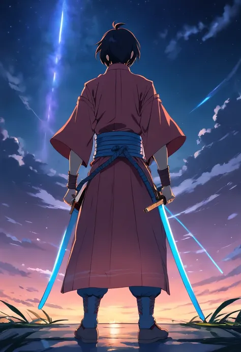 make a samurai alone fighting in all his life and looking depressed with cool armor looking at midnight sky