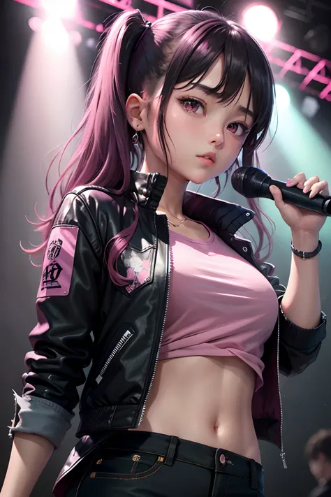 masterpiece, best quality, 1girl, upperbody, jirou, detailed eyes, pink shirt, black jacket, torn clothes, concert, (stage)