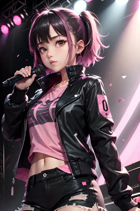 masterpiece, best quality, 1girl, upperbody, jirou, detailed eyes, pink shirt, black jacket, torn clothes, concert, (stage)