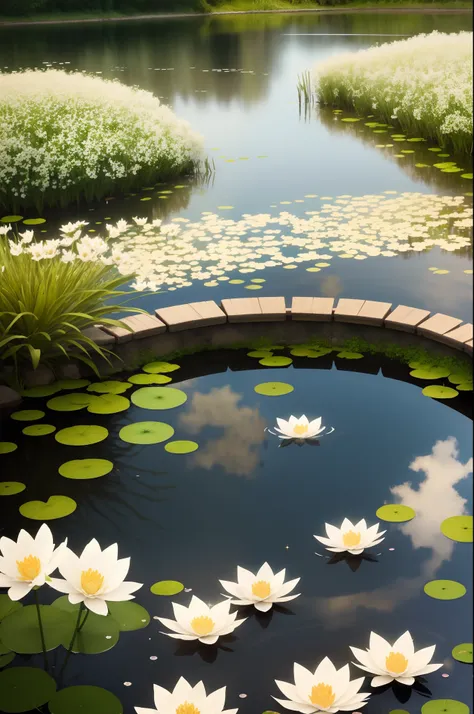 A pond with white flowers on top of the water, e glitter