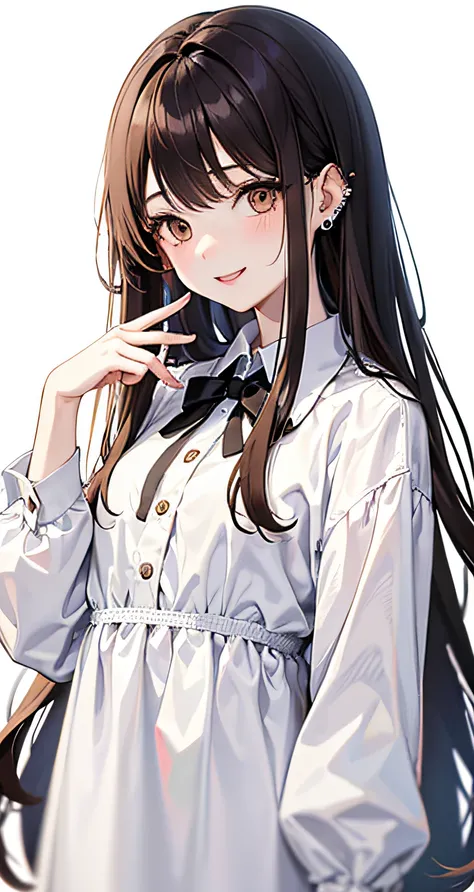 Original outfit, 1girl in, 独奏, length hair, white backgrounid, Super Cute、White shirt、Simple clothes、A smile, piercings、makeups、gals、Uphair、Brown hair、Brown eyes