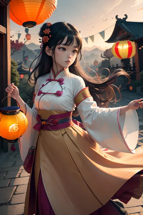 official art, unity 8k wallpaper, ultra detailed, beautiful and aesthetic, masterpiece, best quality, (Fire, water, ribbon, paper cutting), (fractal art:1.3) 1girl,building, (solo:1.5), chinese_clothes, sky, outdoors, wide_sleeves, black_hair, sunset, (fal...