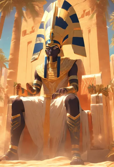 (((Osiris))) best quality, ultra-high resolution, 4K detailed CG, master piece,Osiris,god of the dead, Egyptian mythology,serious expression,Egyptian clothing, desert,(( sitting on throne) ) ,aesthetics, Beautiful image, centered on the screen, oasis in th...