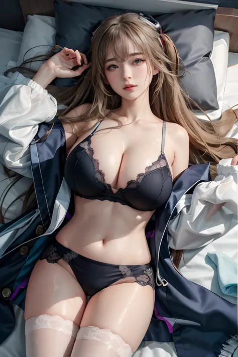 masterpiece of best quality, Anchorage V4, 1girl in, 独奏, looking at the viewers, a navel, cleavage of the breast, bare shoulders​, Open coat, , red blush ,1 girl, Large breasts, cleavage, Facing the audience, Very big, (Large valleys), (large sagging breas...