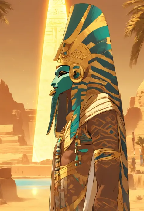 (((Osiris))) best quality, ultra-high resolution, 4K detailed CG, master piece, Osiris, god of the dead, Egyptian mythology, serious expression, Egyptian clothing, desert, aesthetics, Beautiful image, centered on screen, oasis in the background, palm trees