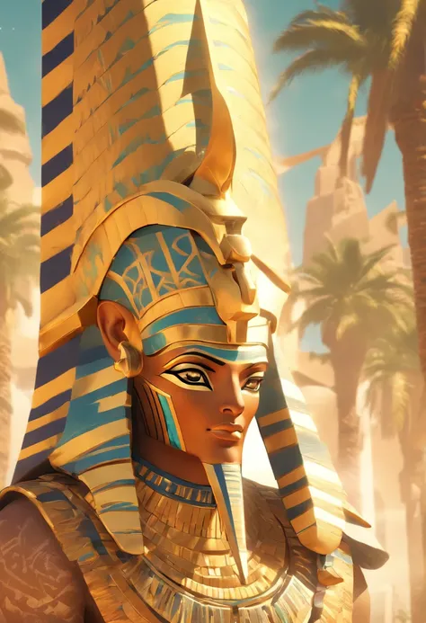 (((Osiris))) best quality, ultra-high resolution, 4K detailed CG, master piece, Osiris, god of the dead, Egyptian mythology, serious expression, Egyptian clothing, desert, aesthetics, Beautiful image, centered on screen, oasis in the background, palm trees