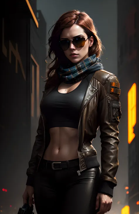 (dark shot:1.1), epic realistic, portrait of halo, sunglasses, blue eyes, tartan scarf, (brown leather bomber jacket), (tight black transparent tank-top), auburn hair by atey ghailan, by greg rutkowski, by greg tocchini, by james gilleard, by joe fenton, g...