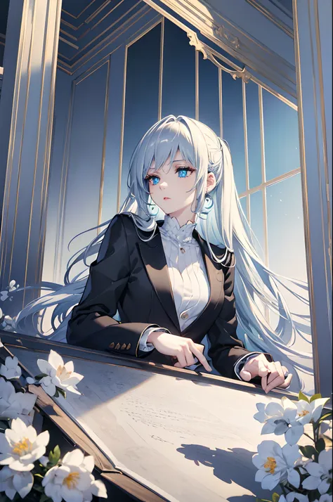 masterpiece, highlydetailed, ultra-detailed, cold, solo, (1woman), (pale skin), icyblue eyes, frosty white hair, young lady, med...