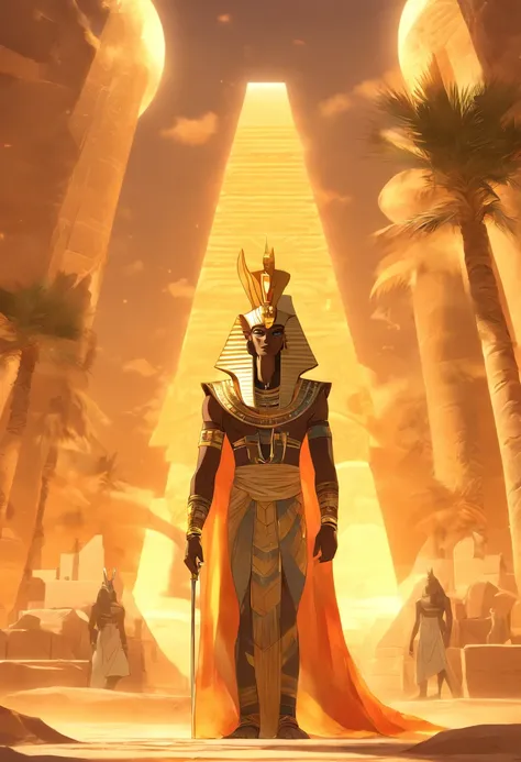 (((Osiris))) best quality, ultra-high resolution, 4K detailed CG, master piece,Osiris,god of the dead, Egyptian mythology,serious expression,Egyptian clothing, desert,aesthetics, Beautiful image, centered on screen,pyramids in the background, palm trees