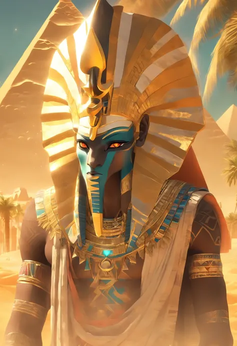 (((Osiris))) best quality, ultra-high resolution, 4K detailed CG, master piece,Osiris,god of the dead, Egyptian mythology,serious expression,Egyptian clothing, desert,aesthetics, Beautiful image, centered on screen,pyramids in the background, palm trees