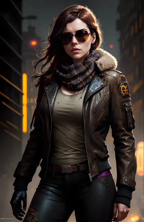 (dark shot:1.1), epic realistic, portrait of halo, sunglasses, blue eyes, tartan scarf, brown leather bomber jacket, auburn hair by atey ghailan, by greg rutkowski, by greg tocchini, by james gilleard, by joe fenton, gradient yellow, black, brown and magen...