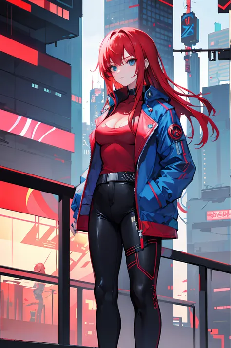 a woman with red hair and a blue jacket standing on a balcony, digital cyberpunk anime art, alena aenami and artgerm, style of alena aenami, redhead female cyberpunk, inspired by Alena Aenami, cyberpunk anime girl, cyberpunk art style, anime cyberpunk art,...