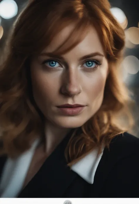 a very beautiful woman with ginger hair, her face is majestic and she had little freckles. She is around 30 years old. Her hair is a little longer and is parted in the middle. She is wearing formal clothes, a black blazer with a white formal shirt undernea...