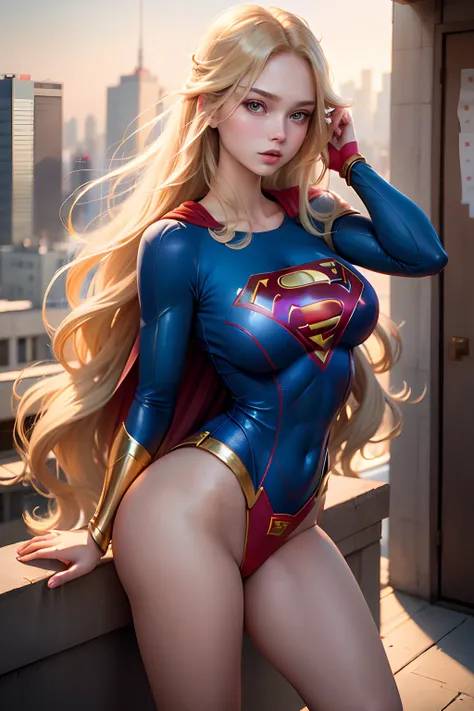 ((best quality, masterpiece, absurdress) , supergirl , 19 years old,long blonde hair, voluminous hair, loose hair, blue expressive eyes,huge breasts, supergirl wearing korean school uniform, terrace of a building, view of other buildings ,day