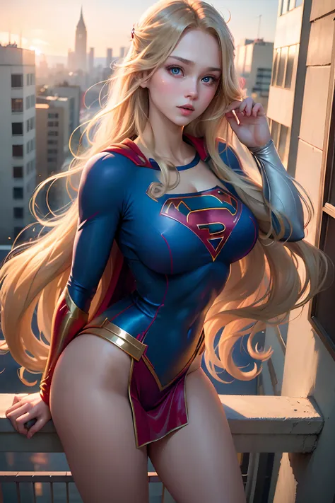 ((best quality, masterpiece, absurdress) , supergirl , 19 years old,long blonde hair, voluminous hair, loose hair, blue expressive eyes,huge breasts, supergirl wearing korean school uniform, terrace of a building, view of other buildings ,day