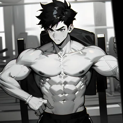 A shirtless super muscular boy in gym.