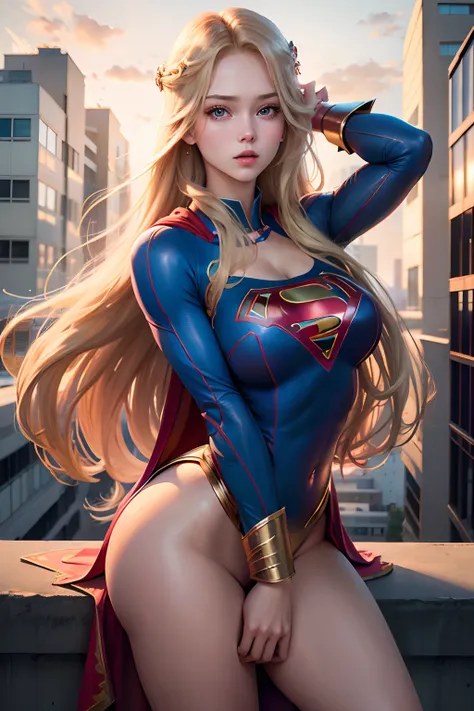 ((best quality, masterpiece, absurdress) , supergirl , 19 years old,long blonde hair, voluminous hair, loose hair, blue expressive eyes,huge breasts, supergirl wearing korean school uniform, terrace of a building, view of other buildings ,day