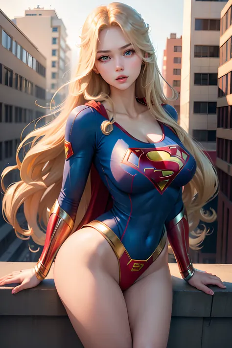 ((best quality, masterpiece, absurdress) , supergirl , 19 years old,long blonde hair, voluminous hair, loose hair, blue expressive eyes,huge breasts, supergirl wearing korean school uniform, terrace of a building, view of other buildings ,day