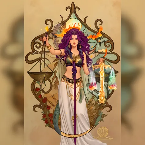 um close up de uma mulher com uma espada e uma espada, Libra, gorgeous goddess of leo, Arte do Tarot, the justice tarot card, Deusa da mitologia grega, Deusa da sabedoria, greek titan goddess themis, color digital illustration, deusa. Detalhes extremamente...