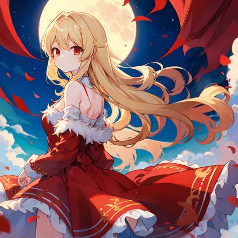 Wavy blonde、red eyes、One Beautiful Girl、Fluffy red clothes、off shoulders、a moon、natta