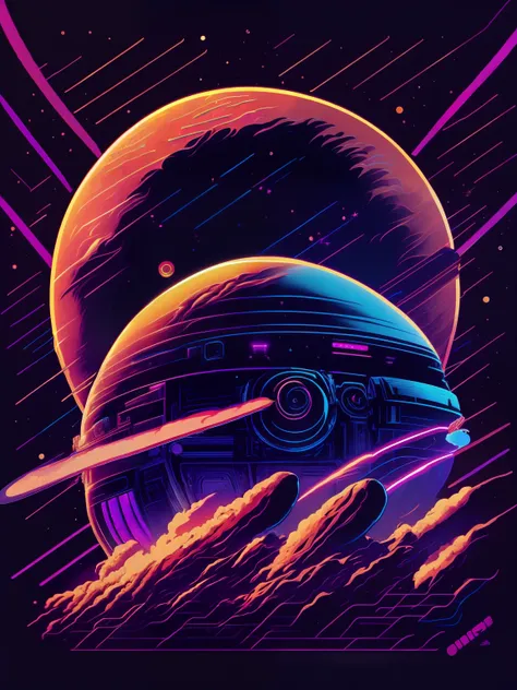 A retro-inspired space station orbiting a gas giant, reminiscent of sci-fi classics, vectorized, synthwave, purple blue red orange, bright neon colors on a dark background,