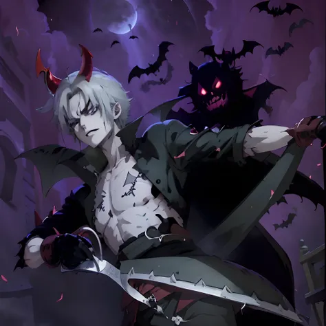 One piece manga, gecko moria, halloween theme, bats flying, vampire, dark theme, darkness vibe, terror, scissors, beautiful boy, gothic boy, vanitas, white long hair boy, vampire, vampire face, kage kage no mi, vampire boy, vampire style, demon horns