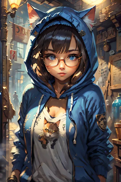 (masterpiece, best quality), 1girl, beautiful face, cat hoodie, glasses, blue eyes