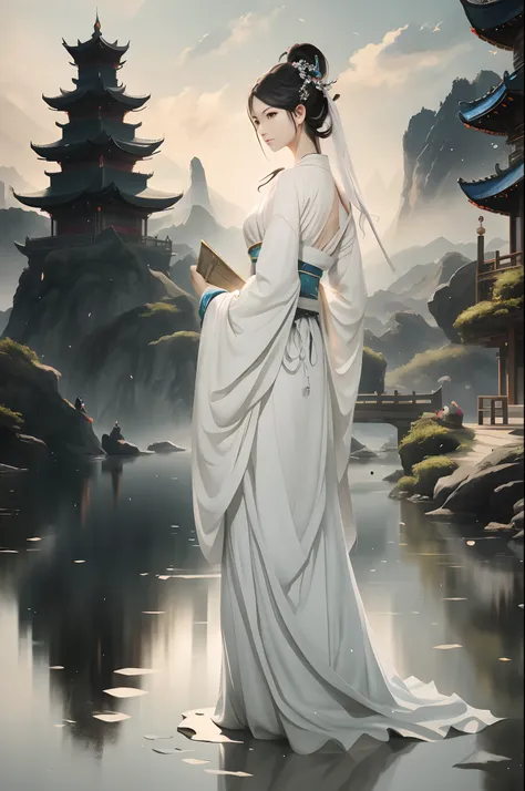 Alavid woman sitting on a raft in the mountains, ross tran. Landscape background, Style by Rafael Lacoste, Beautiful concept art, Chinese fantasy, Floating land in the clouds, by Yang J, author：Rafael Lacoste, beautiful anime scene, Ross Tran and Michael W...