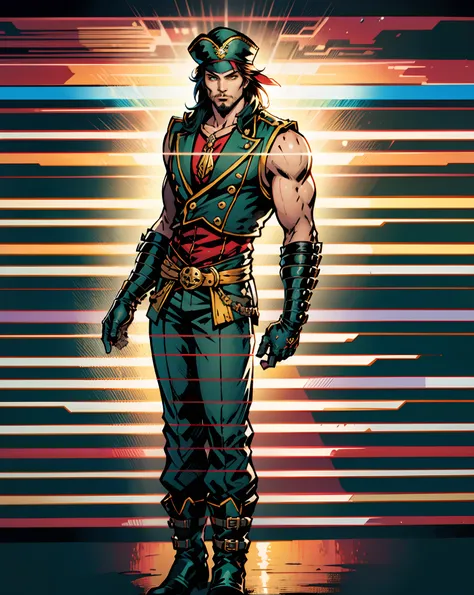 A middle-aged man with long black hair, medium length hair, wears a small round felt hat on his head, he has a cunning and sharp gaze, a beard, a tall and imposing figure, a fantasy-style pirate coat, sleeveless, exquisite stripes, a large skull pattern, h...