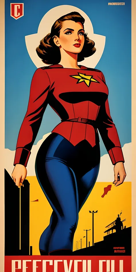 Poster americano segunda guerra mundial, estilo John Buscema ((Cartaz CCCP, Soviet poster)) (A woman with medium-sized dark hair in superhero outfit) propaganda Cartaz, cartaz, Blue sky with fighter jet, hero uniform, 1girl, solo, bom corpo, design de cart...