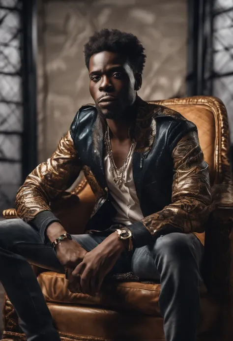 jeune homme noir africain, Wearing modern singing artist clothes sitting in an armchair, Very realistic abstract studio photo background, fantastique, Shot with a professional camera with moderate depth of field, corps complet