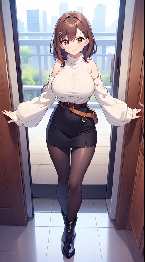 masterpiece,best quality,ultra detailed,8k,tall,big female,gigantic breasts,young,20 years old,medium hair,wavy hair,brown hair,hairclip,light smile,brown sweater,ribbed sweater,bare shoulders,detached sleeves,belt buckle,black tights,boots,strapless,